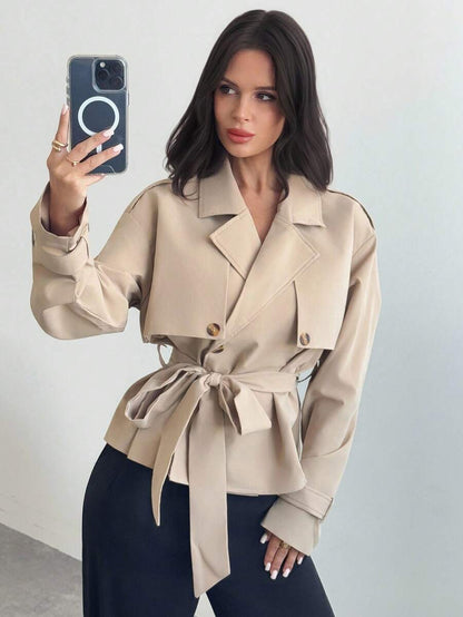 Ilse Cropped Belted Trench Coat with Tie Waist and Collar - Khaki