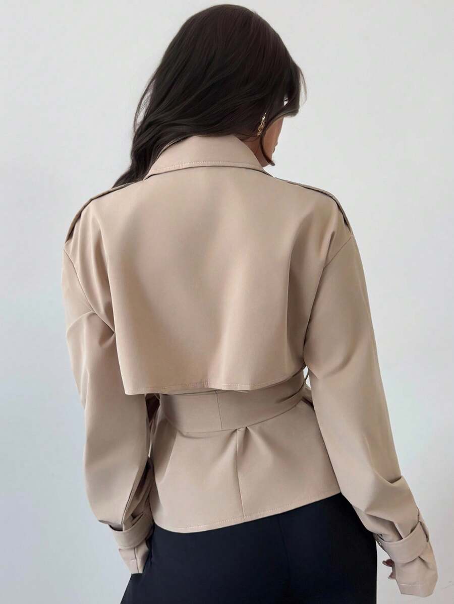 Ilse Cropped Belted Trench Coat with Tie Waist and Collar - Khaki