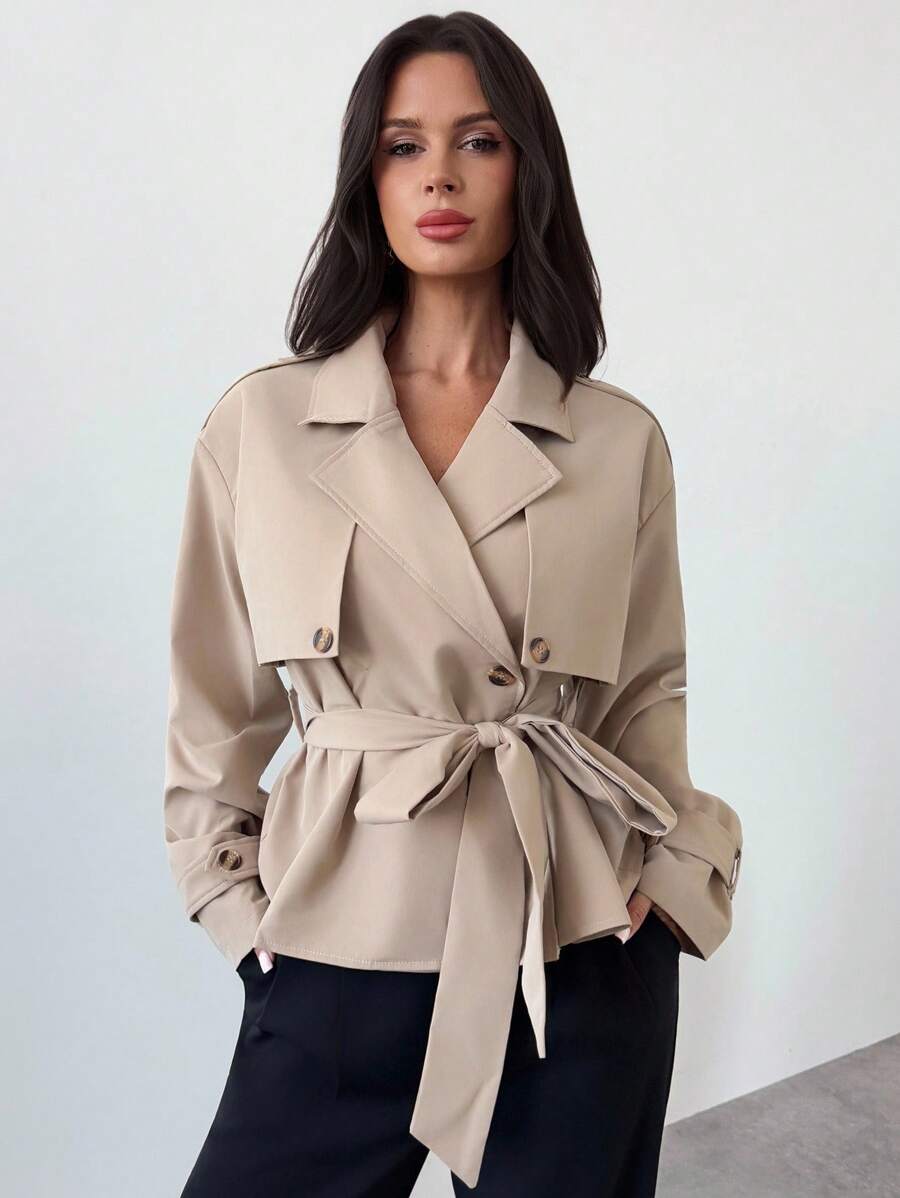 Ilse Cropped Belted Trench Coat with Tie Waist and Collar - Khaki