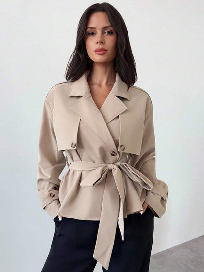Ilse Cropped Belted Trench Coat with Tie Waist and Collar - Khaki