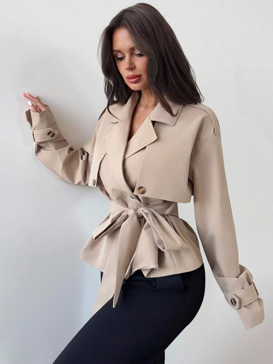 Ilse Cropped Belted Trench Coat with Tie Waist and Collar - Khaki