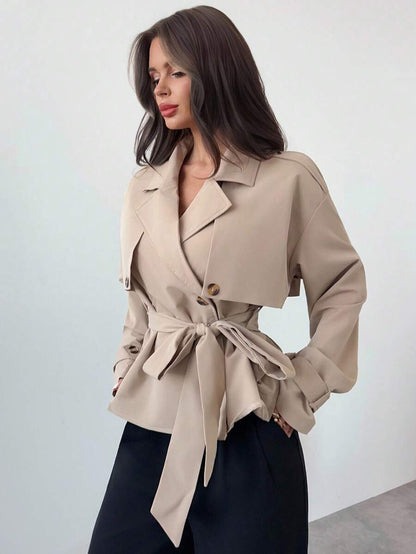 Ilse Cropped Belted Trench Coat with Tie Waist and Collar - Khaki