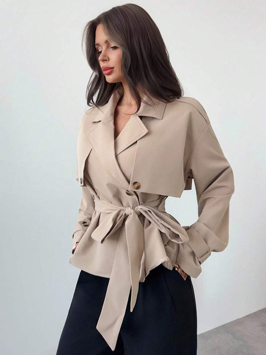 Ilse Cropped Belted Trench Coat with Tie Waist and Collar - Khaki