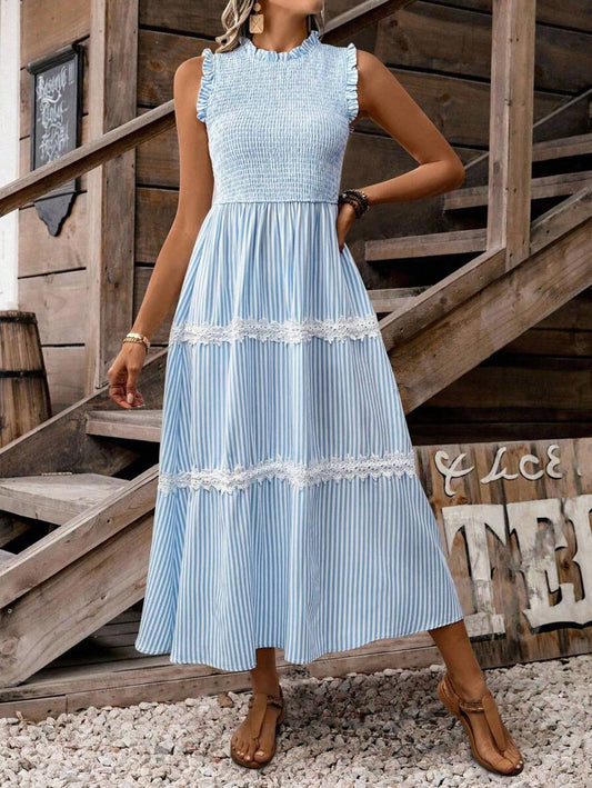 SHEIN Clasi Women Vacation Striped Smock Frill Trim Casual Dress Mensa