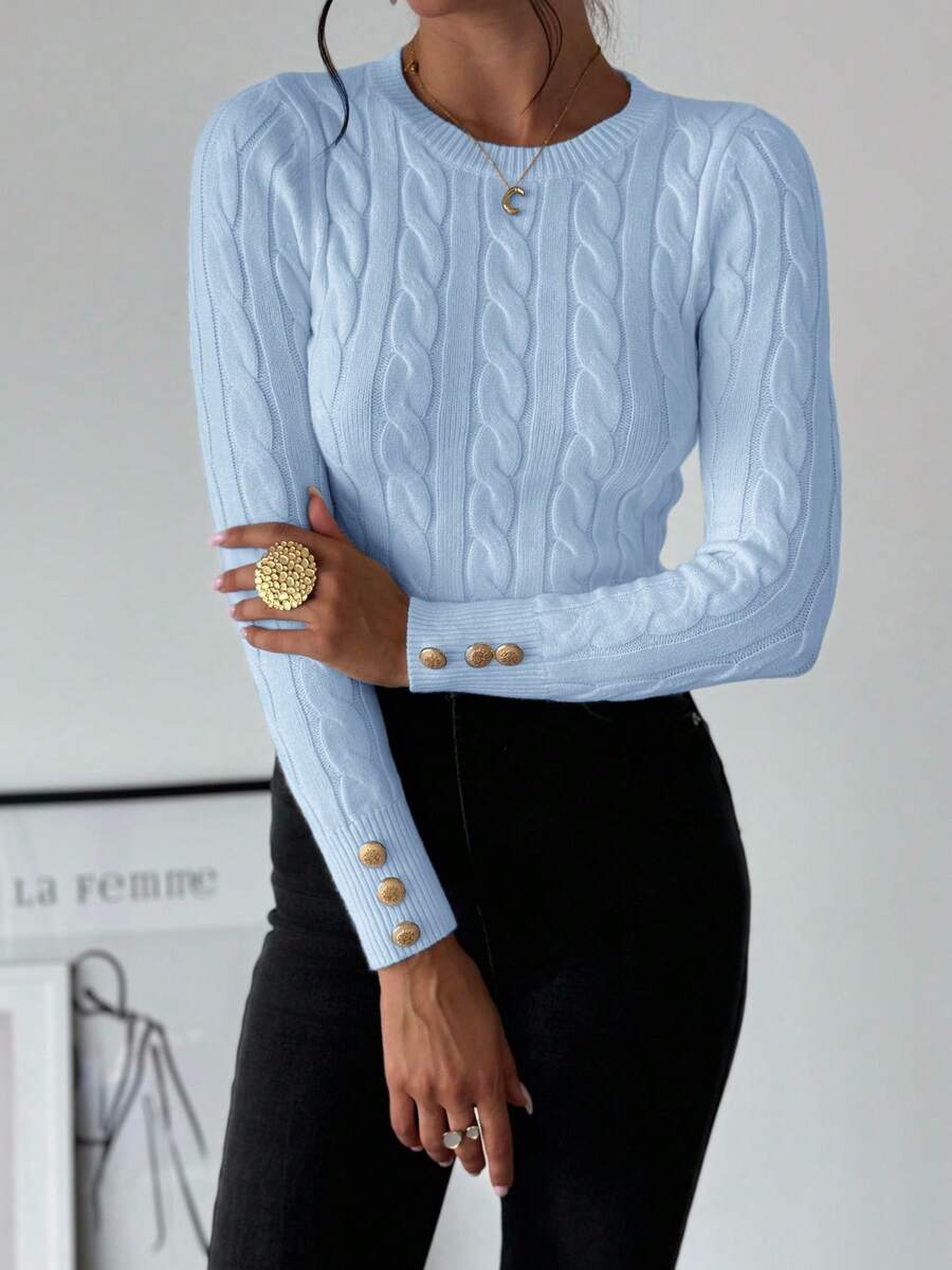 Nerissa Slim Cable Knit Sweater with Crew Neck and Button Detail - Baby Blue