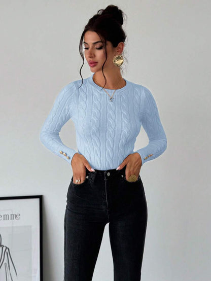 Nerissa Slim Cable Knit Sweater with Crew Neck and Button Detail - Baby Blue