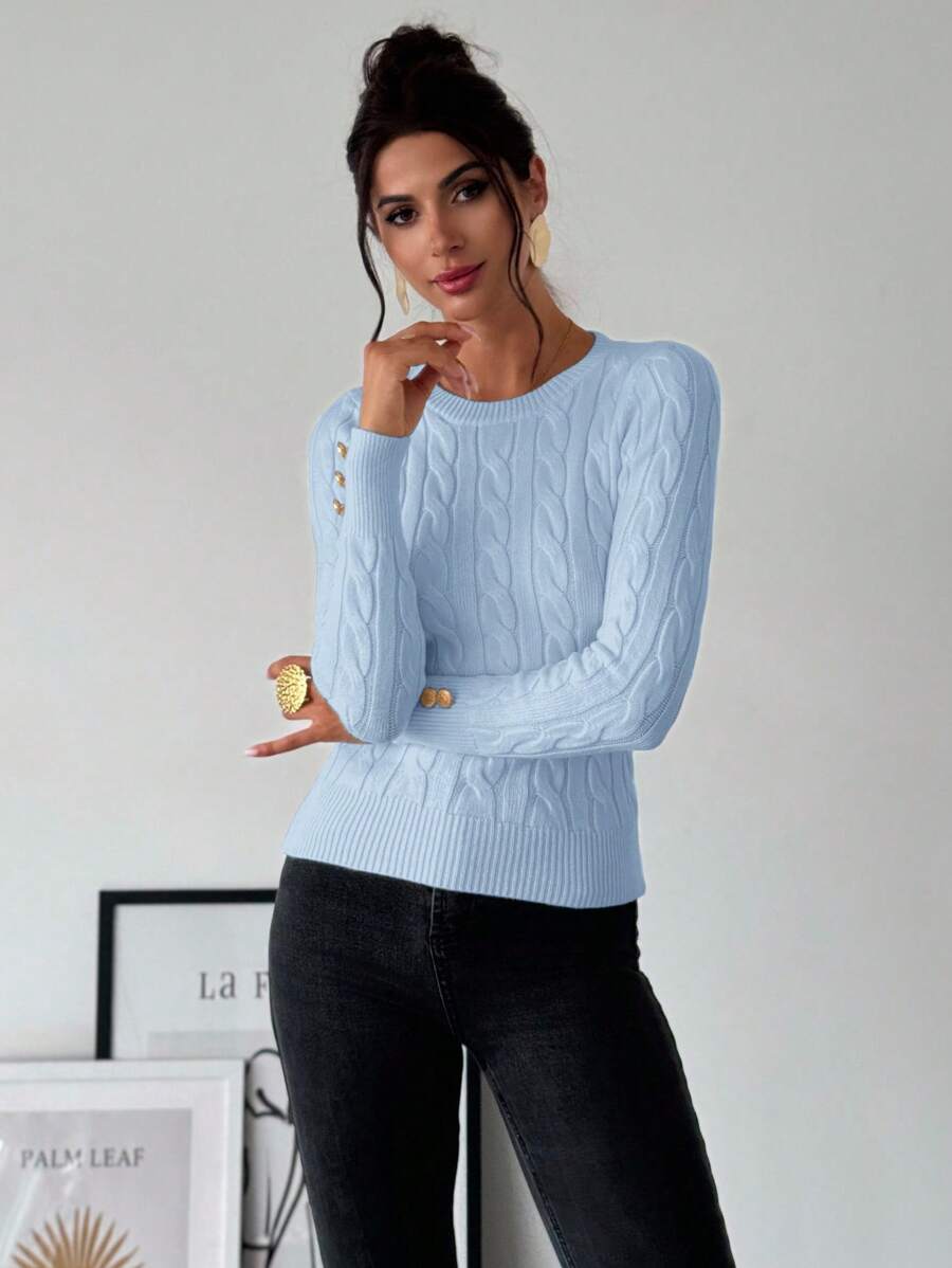 Nerissa Slim Cable Knit Sweater with Crew Neck and Button Detail - Baby Blue