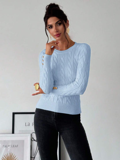 Nerissa Slim Cable Knit Sweater with Crew Neck and Button Detail - Baby Blue