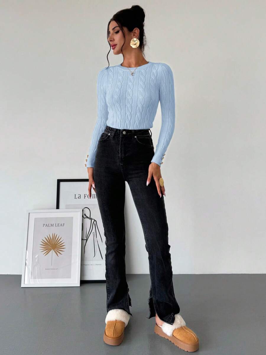 Nerissa Slim Cable Knit Sweater with Crew Neck and Button Detail - Baby Blue
