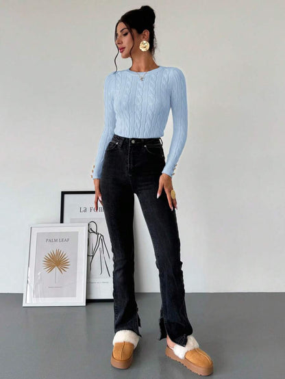 Nerissa Slim Cable Knit Sweater with Crew Neck and Button Detail - Baby Blue