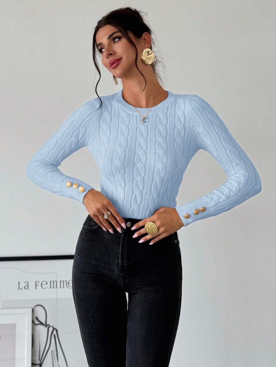 Nerissa Slim Cable Knit Sweater with Crew Neck and Button Detail - Baby Blue