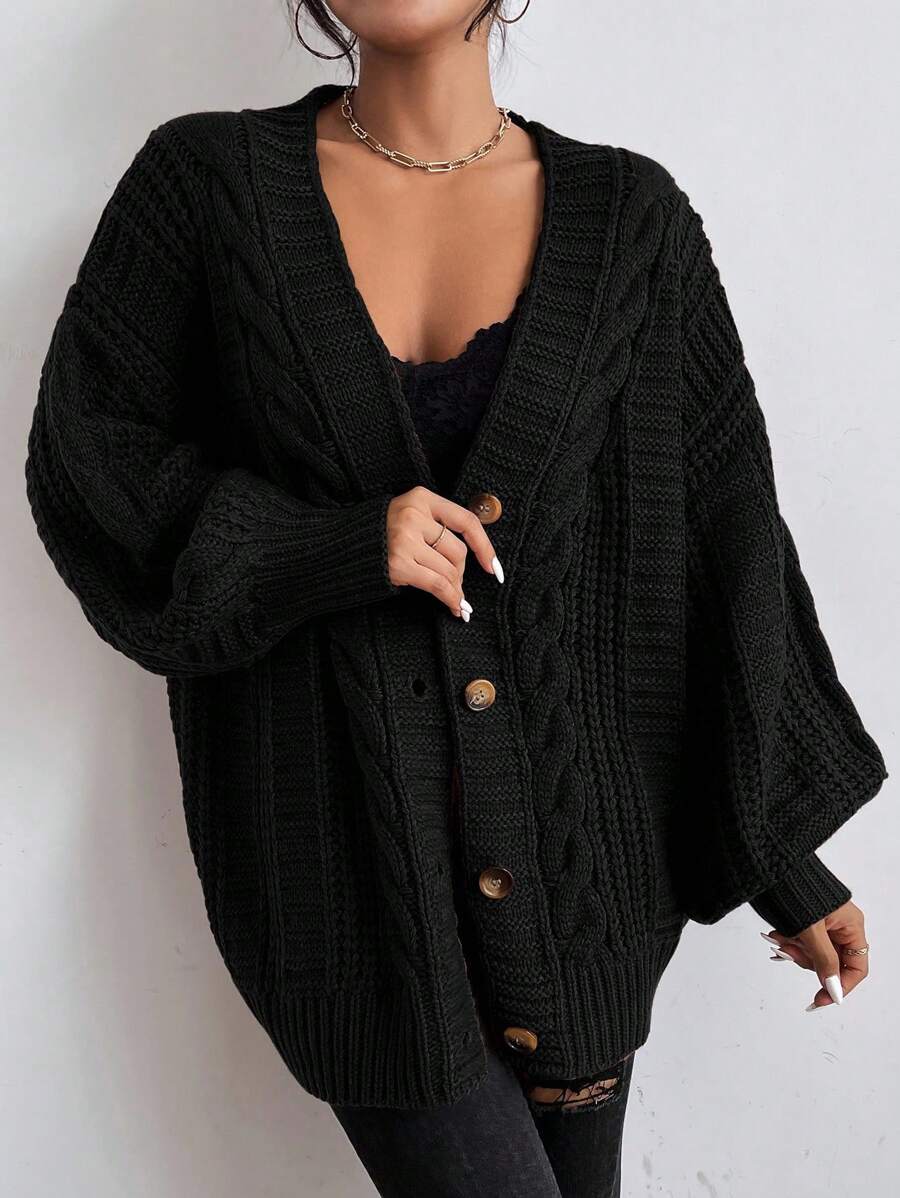 Adelaide Cable Knit Bishop Sleeve Cardigan - Black and White