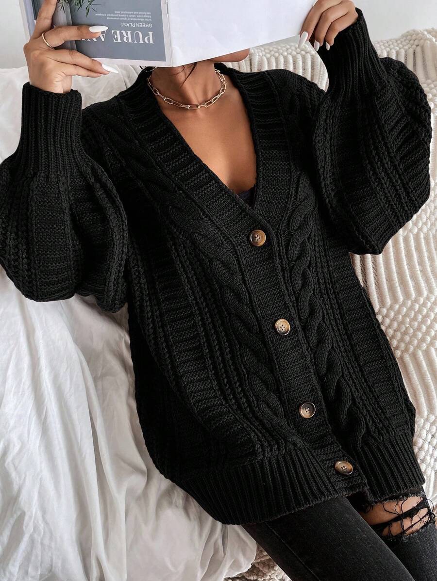 Adelaide Cable Knit Bishop Sleeve Cardigan - Grey