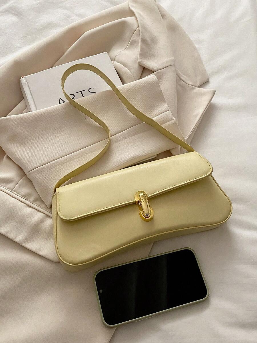 Women's Coffee Brown Shoulder Bag Quiet Luxury Metal Decor Small Underarm Purse - Yellow