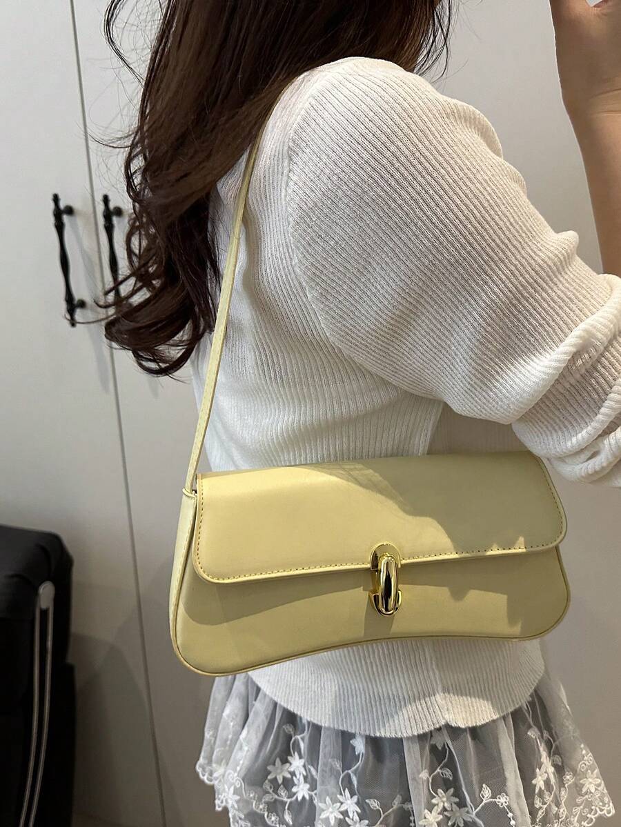 Women's Coffee Brown Shoulder Bag Quiet Luxury Metal Decor Small Underarm Purse - Yellow