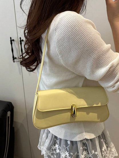 Women's Coffee Brown Shoulder Bag Quiet Luxury Metal Decor Small Underarm Purse - Yellow