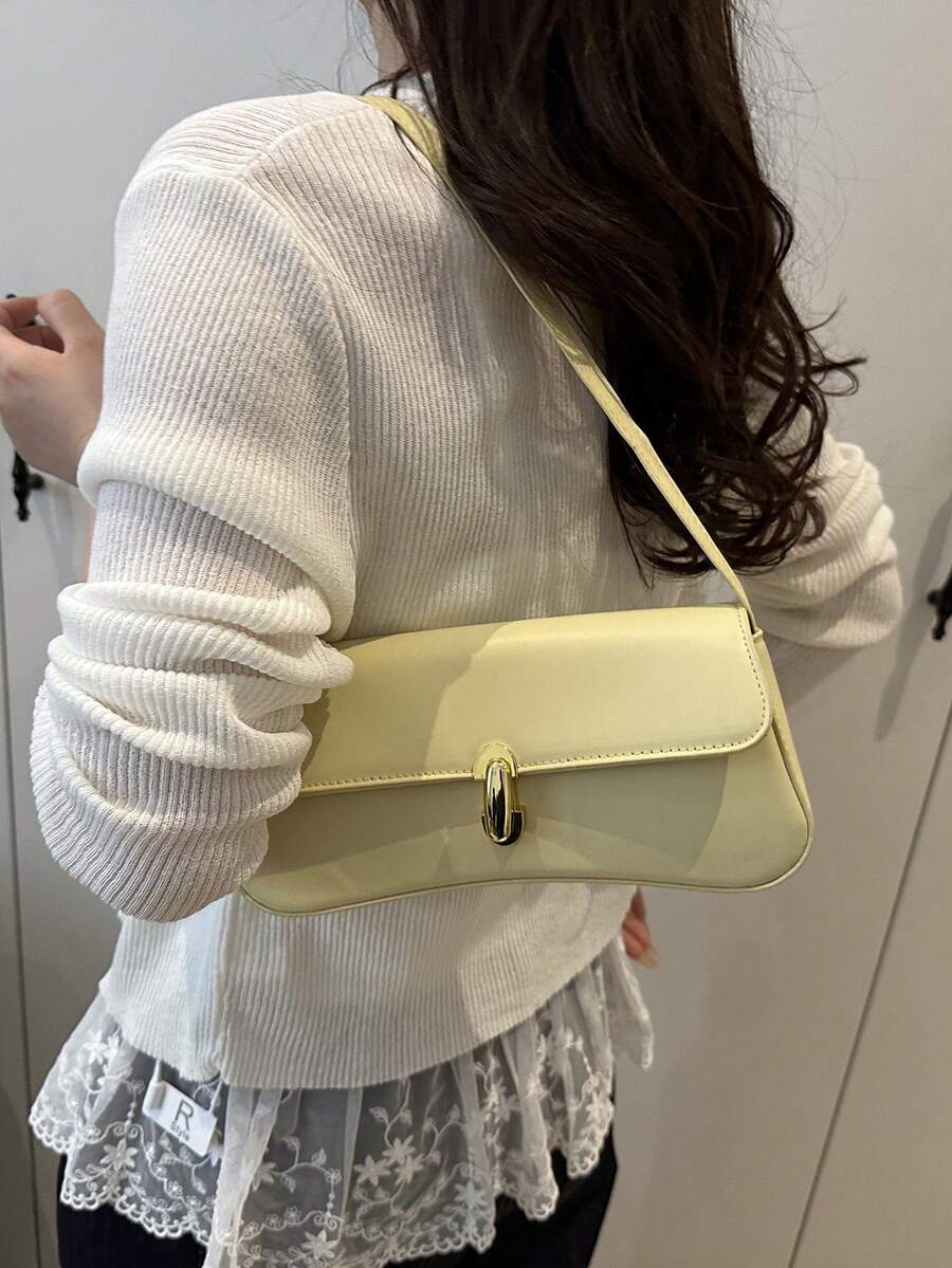 Women's Coffee Brown Shoulder Bag Quiet Luxury Metal Decor Small Underarm Purse - Yellow