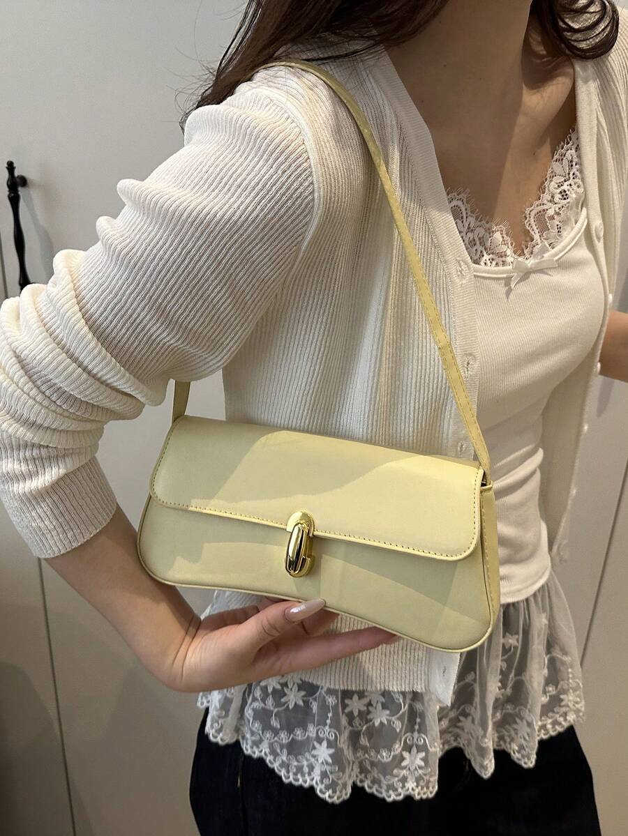 Women's Coffee Brown Shoulder Bag Quiet Luxury Metal Decor Small Underarm Purse - Yellow