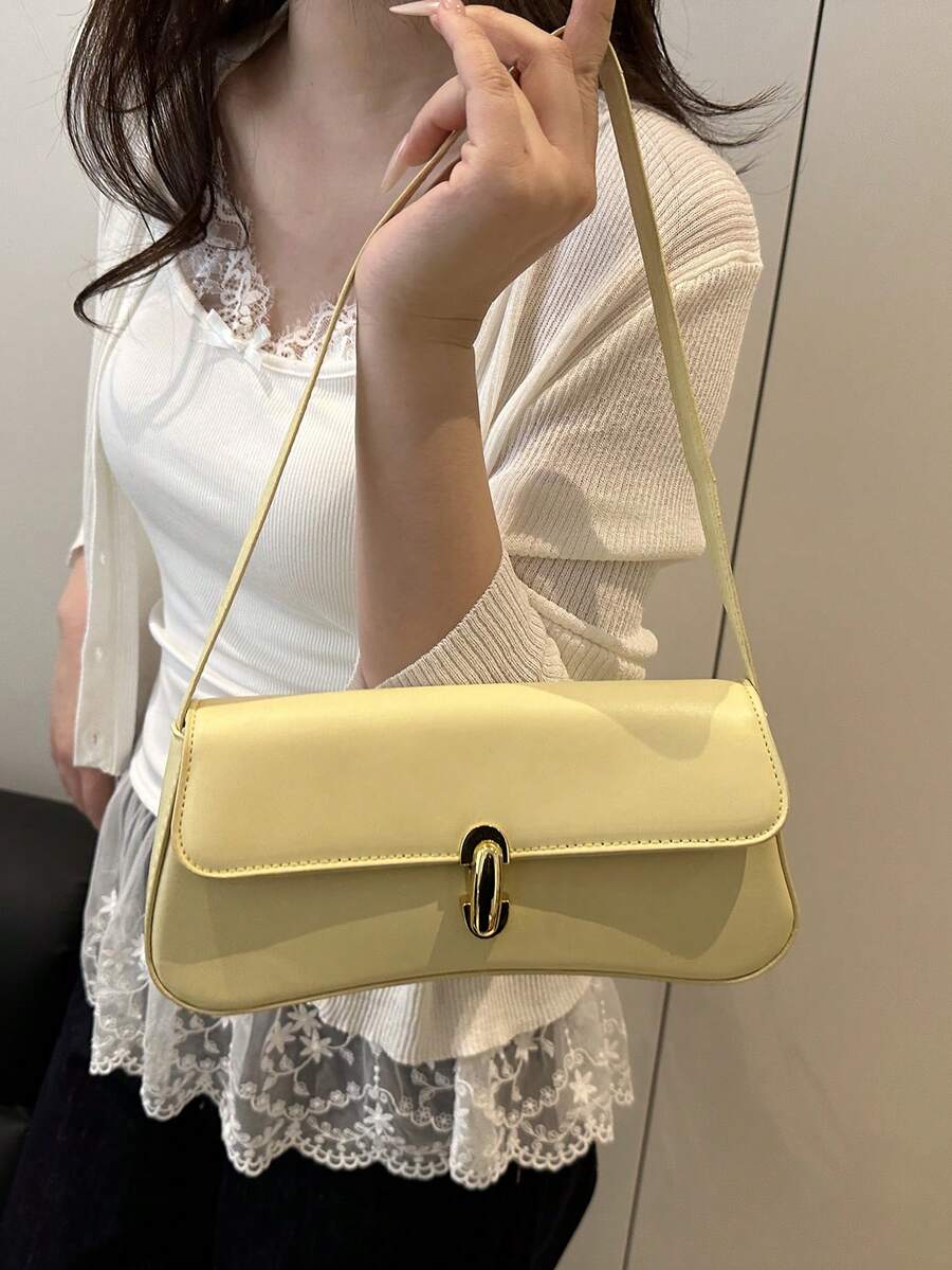 Women's Coffee Brown Shoulder Bag Quiet Luxury Metal Decor Small Underarm Purse - Yellow