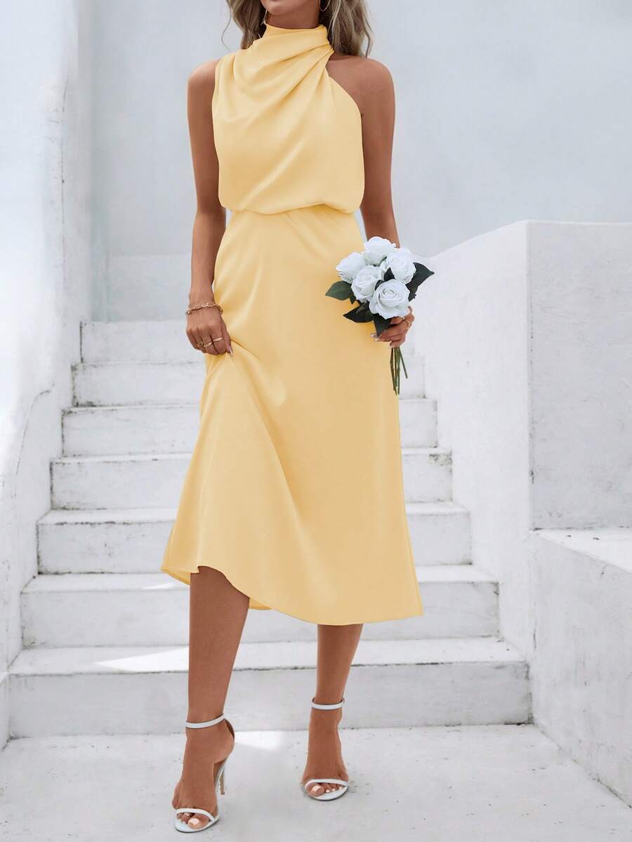 Women's Satin Cowl Neck Halter Midi Dress, Lined Silky Dress for Wedding Guest and Evening - Yellow