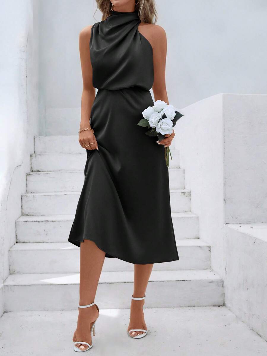 Women's Satin Cowl Neck Halter Midi Dress, Lined Silky Dress for Wedding Guest and Evening - Black