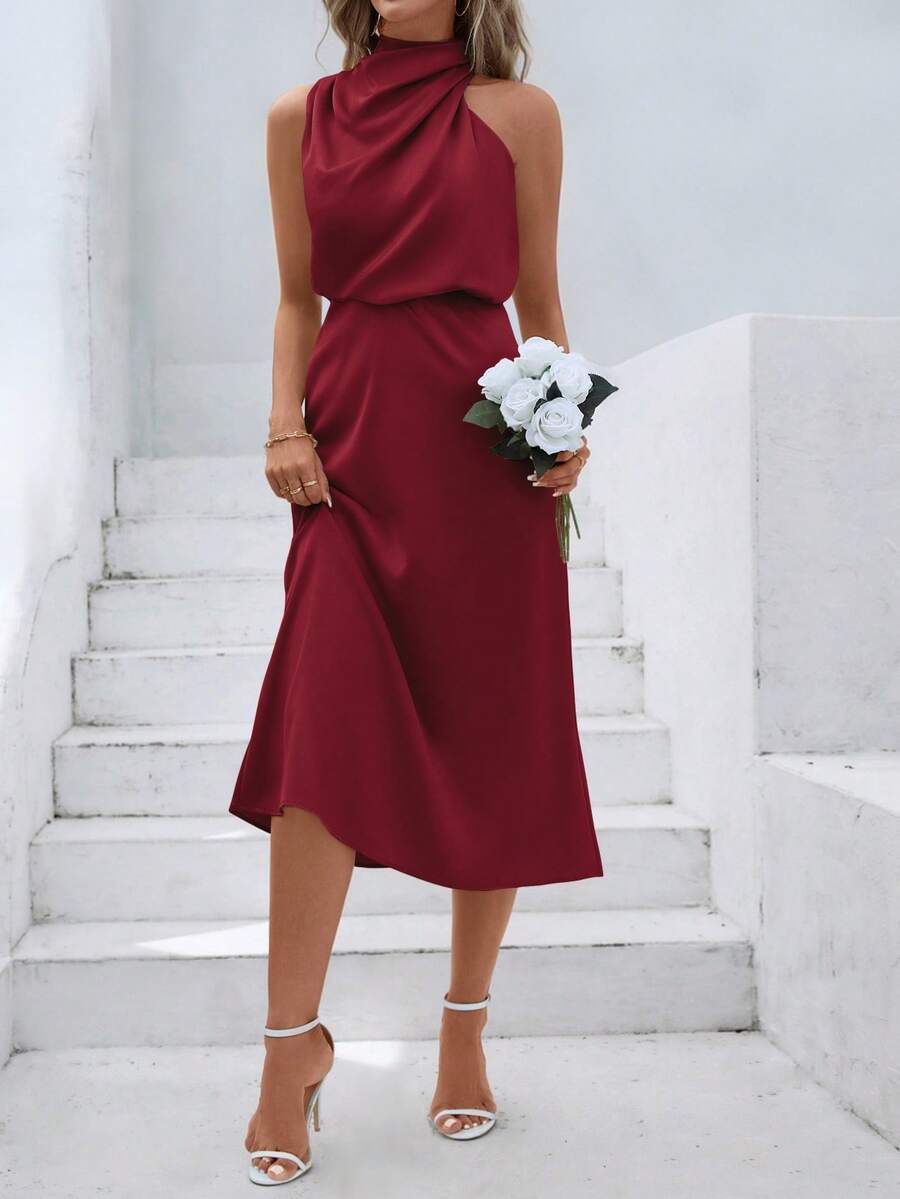 Women's Satin Cowl Neck Halter Midi Dress, Lined Silky Dress for Wedding Guest and Evening - Burgundy