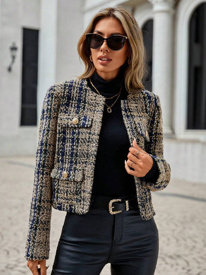 Cordelia Plaid Tweed Open Front Collarless Cropped Jacket - Black Plaid