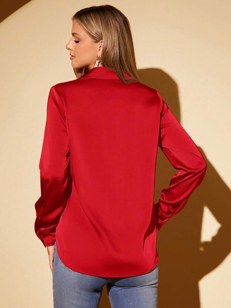 Women's Satin Collared Long Sleeve Shirt, Lapel Silky Blouse for Work and Evening - Mint Green