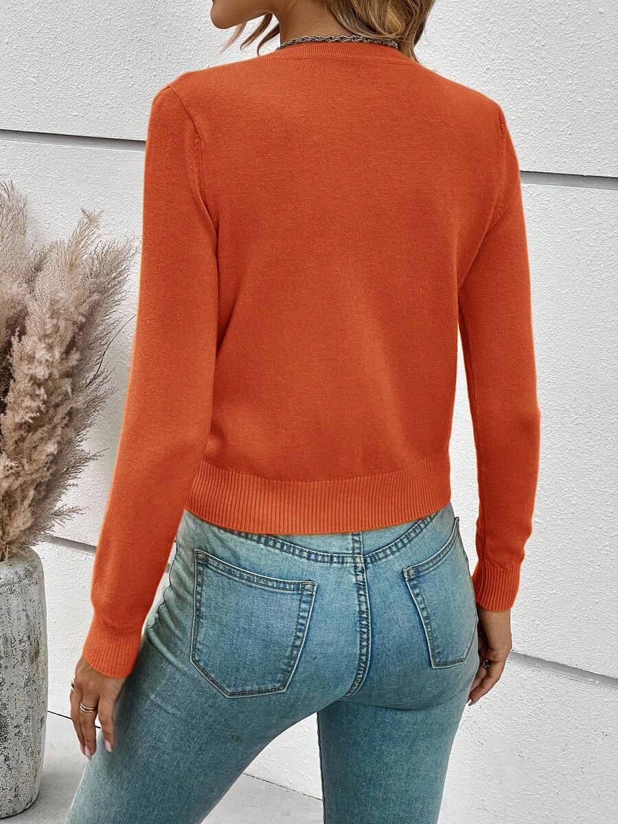 Georgiana Slim Ribbed V-Neck Button Front Knit Cardigan - Burnt Orange