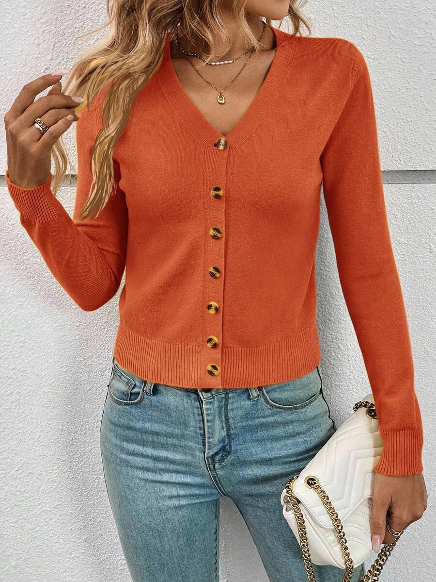 Georgiana Slim Ribbed V-Neck Button Front Knit Cardigan - Burnt Orange