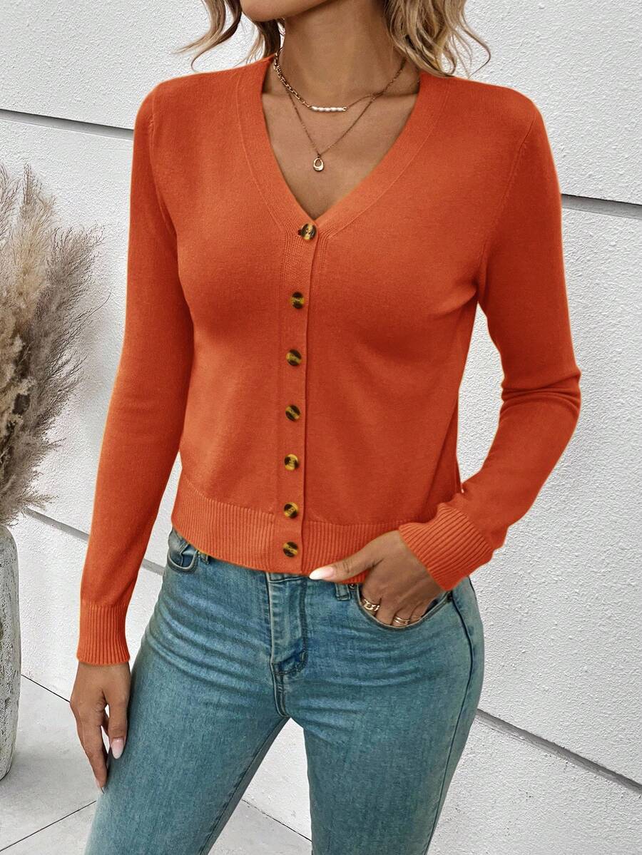 Georgiana Slim Ribbed V-Neck Button Front Knit Cardigan - Burnt Orange