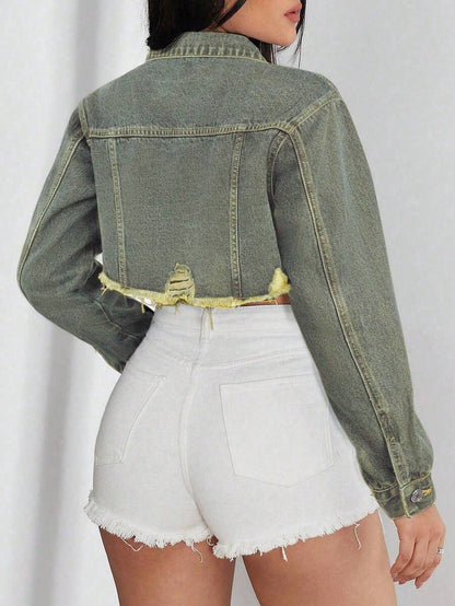 Bridget Frayed Hem Crop Washed Denim Jacket - Black