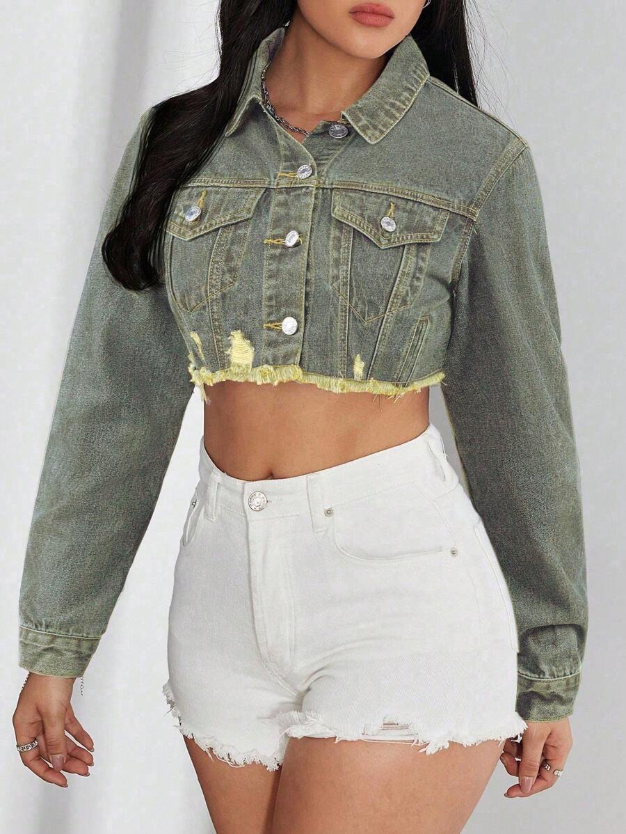 Bridget Frayed Hem Crop Washed Denim Jacket - Dark Wash