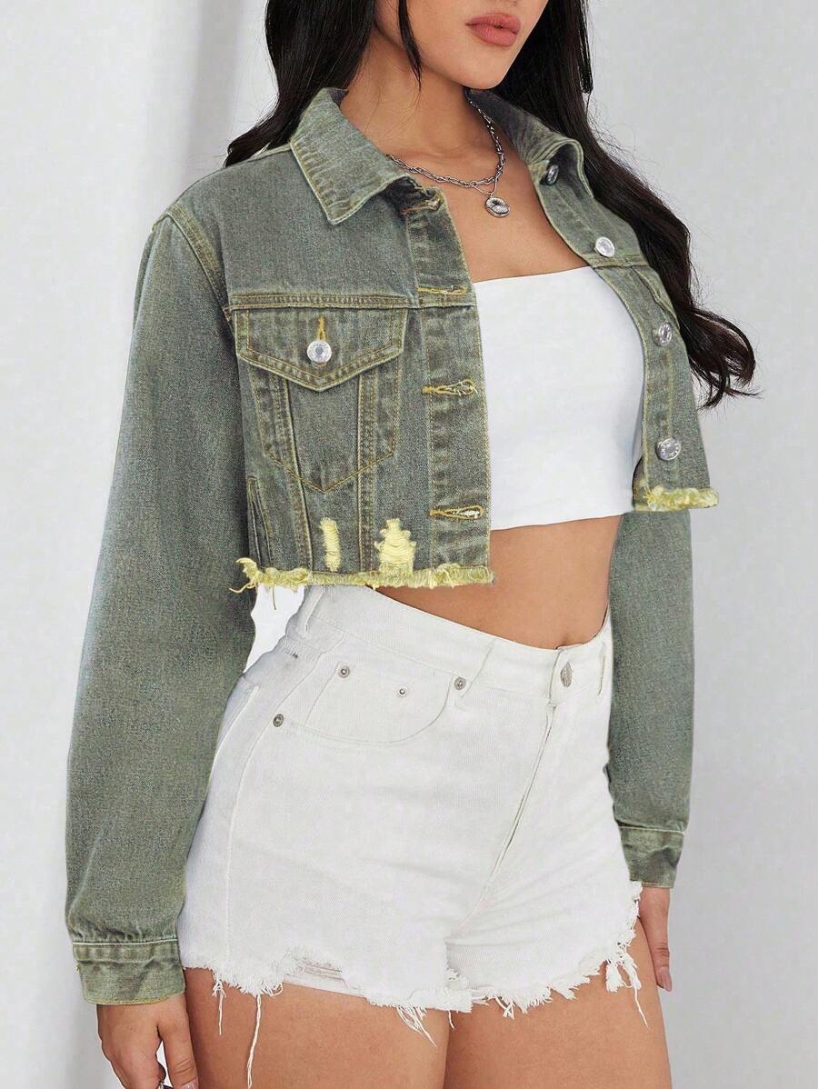 Bridget Frayed Hem Crop Washed Denim Jacket - Medium Wash