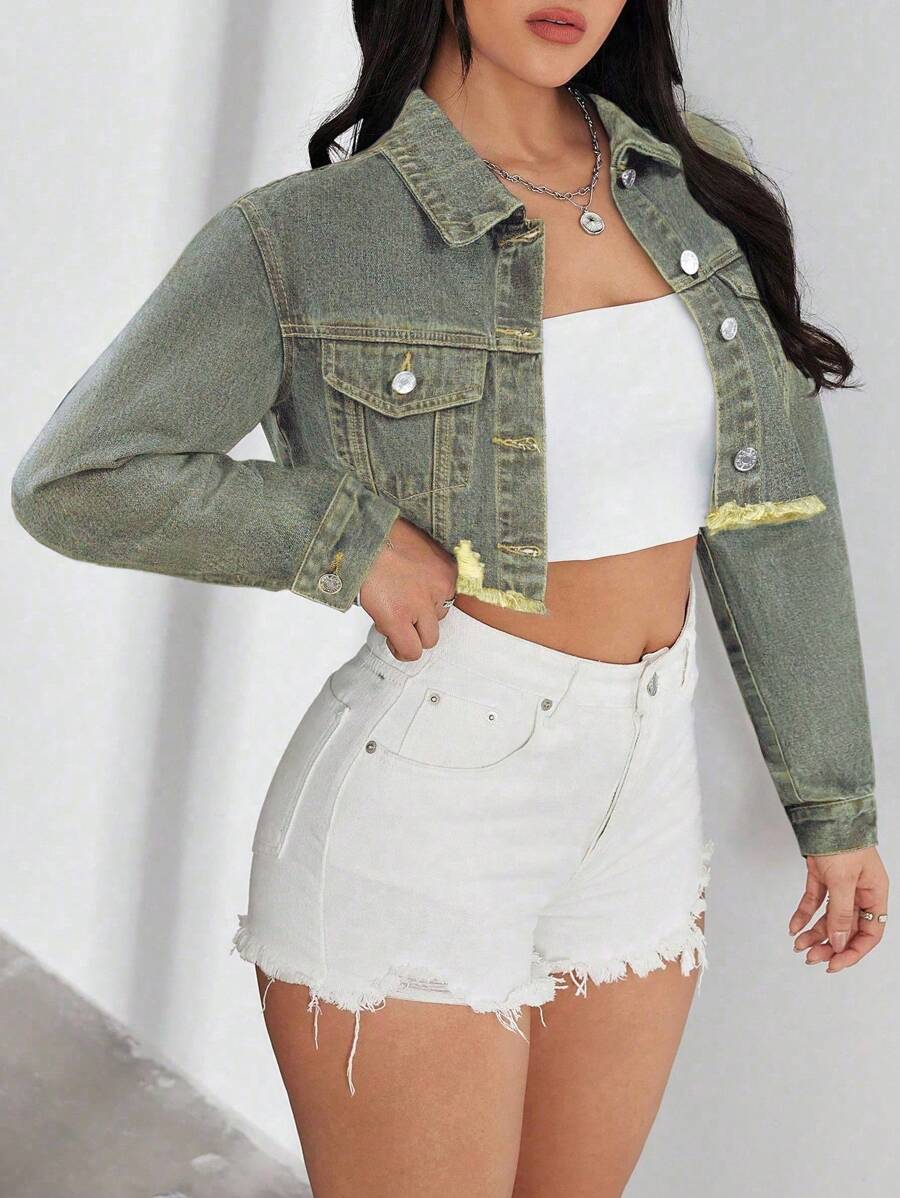 Bridget Frayed Hem Crop Washed Denim Jacket - Light Wash