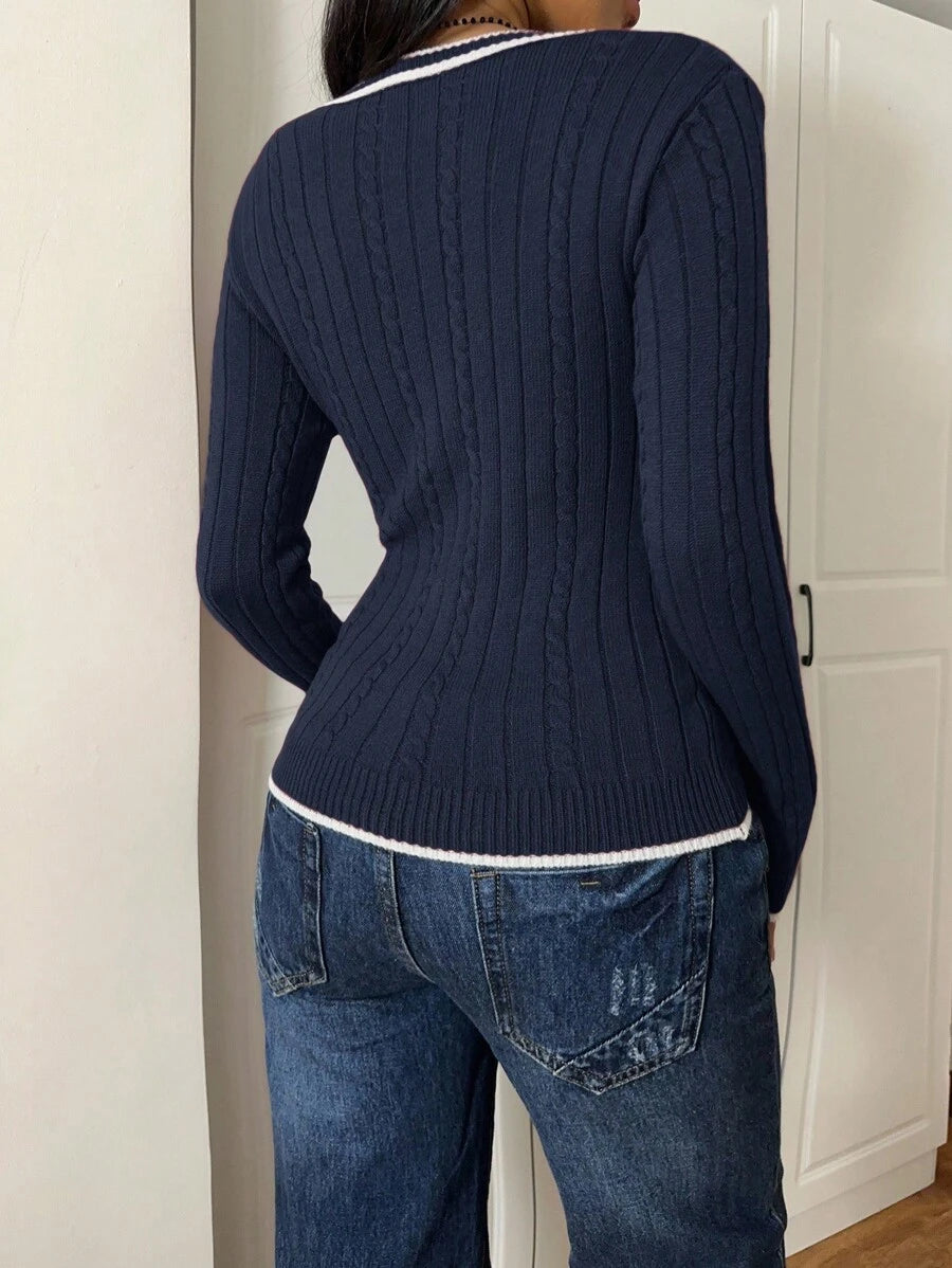 Saskia Slim V Neck Twist Cable Knit Sweater with Contrast Trim - Navy