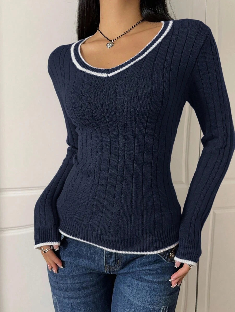 Saskia Slim V Neck Twist Cable Knit Sweater with Contrast Trim - Navy