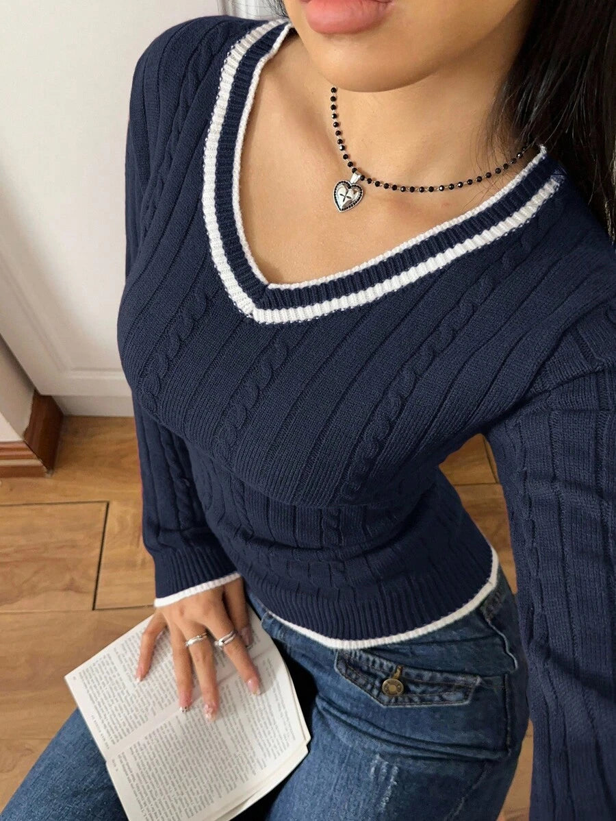 Saskia Slim V Neck Twist Cable Knit Sweater with Contrast Trim - Navy