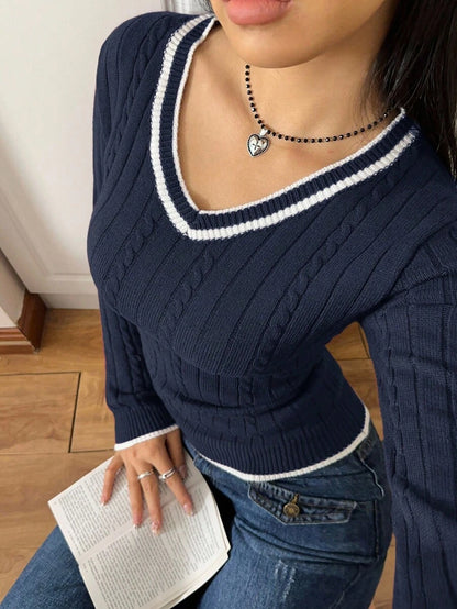 Saskia Slim V Neck Twist Cable Knit Sweater with Contrast Trim - Navy
