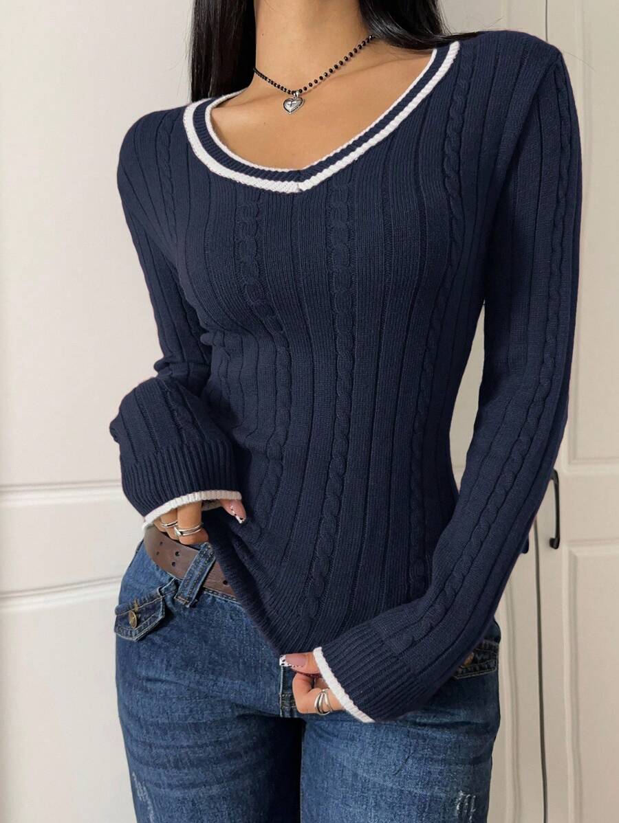 Saskia Slim V Neck Twist Cable Knit Sweater with Contrast Trim - Navy