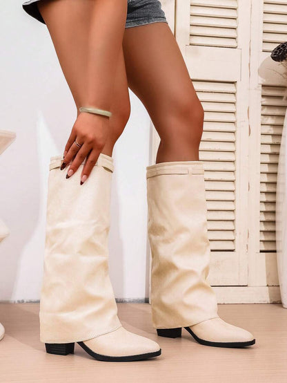 Women's Pleated Loose Boots, Fashion Thick High Heel Pointed Toe Knee-High Dress Boots, Punk Pleated Brown Boots Suitable For Daily, Festival, Versatile,Cowboy Boots Mensa