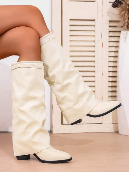 Women's Pleated Loose Boots, Fashion Thick High Heel Pointed Toe Knee-High Dress Boots, Punk Pleated Brown Boots Suitable For Daily, Festival, Versatile,Cowboy Boots Mensa
