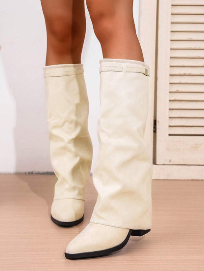 Women's Pleated Loose Boots, Fashion Thick High Heel Pointed Toe Knee-High Dress Boots, Punk Pleated Brown Boots Suitable For Daily, Festival, Versatile,Cowboy Boots Mensa
