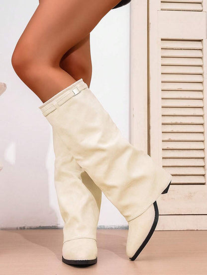 Women's Pleated Loose Boots, Fashion Thick High Heel Pointed Toe Knee-High Dress Boots, Punk Pleated Brown Boots Suitable For Daily, Festival, Versatile,Cowboy Boots Mensa