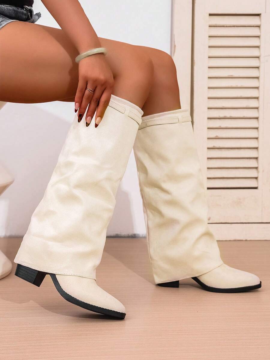 Women's Pleated Loose Boots, Fashion Thick High Heel Pointed Toe Knee-High Dress Boots, Punk Pleated Brown Boots Suitable For Daily, Festival, Versatile,Cowboy Boots Mensa