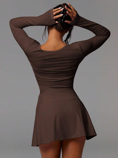 Lisette Ribbed Wrap Tie Deep V-Neck Long Sleeve Crop Top - Coffee Brown