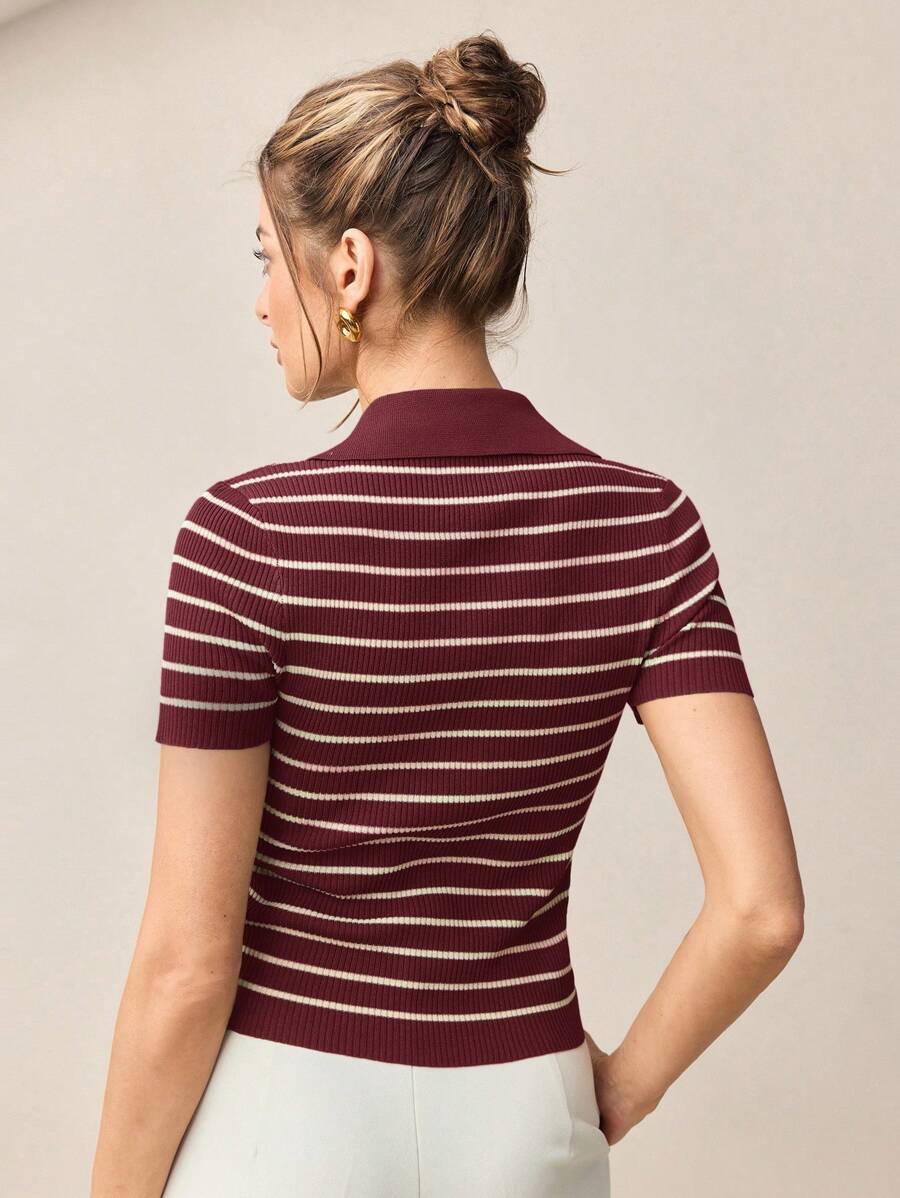 Vera Striped Short Sleeve Knit Top - Burgundy
