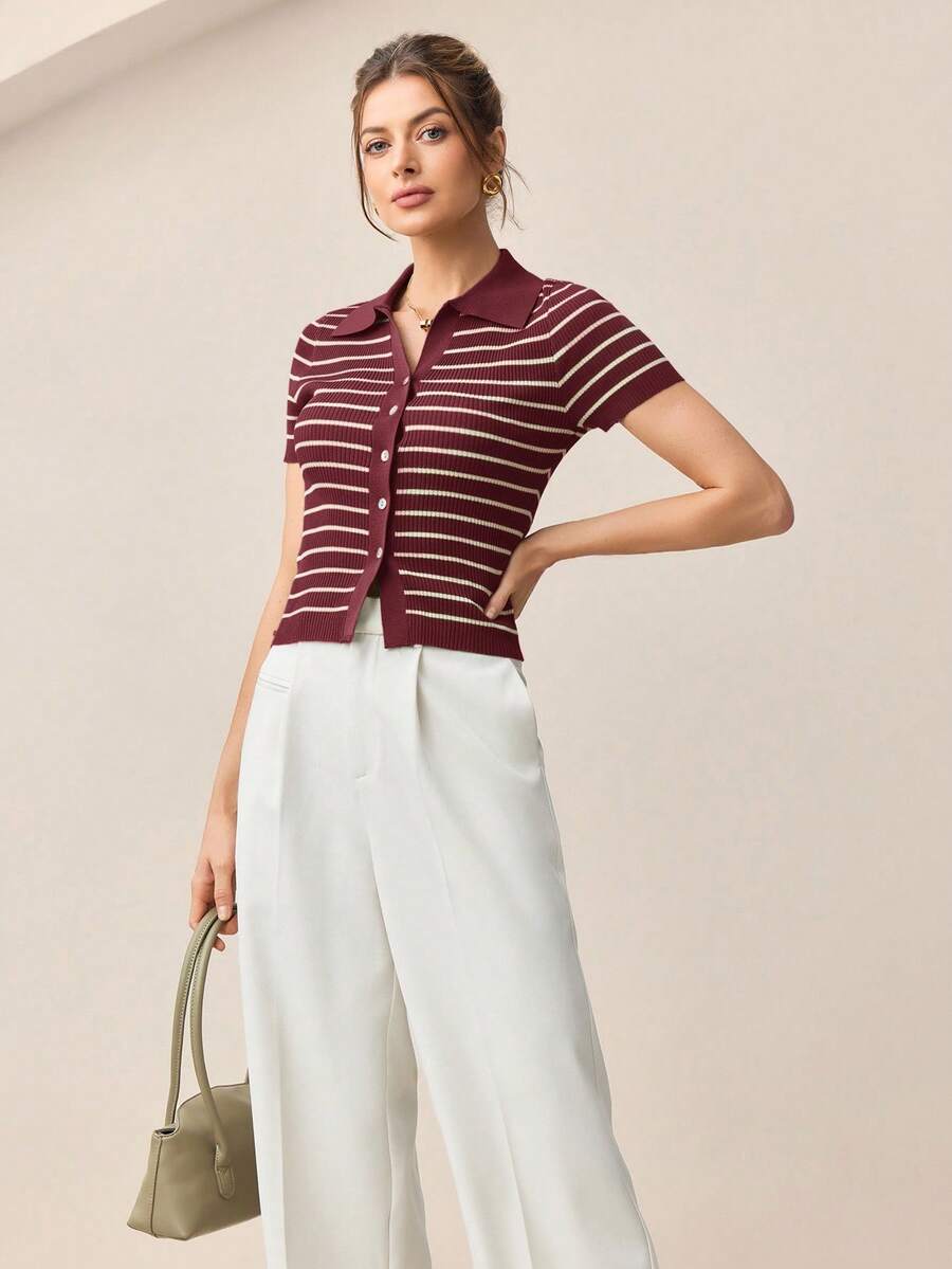 Vera Striped Short Sleeve Knit Top - Burgundy
