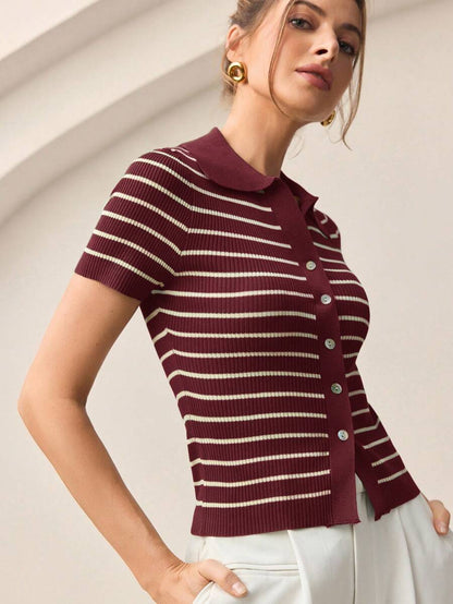 Vera Striped Short Sleeve Knit Top - Burgundy