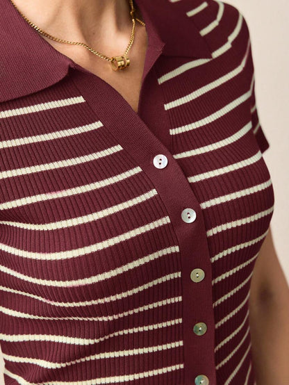Vera Striped Short Sleeve Knit Top - Burgundy